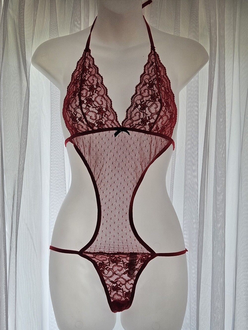 Sheer Lace Halter Teddy Bodysuit - Red